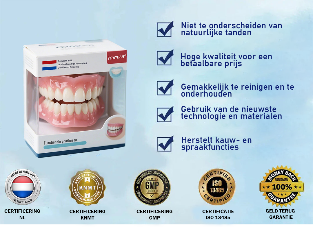 🦷Gemaakt en geleverd vanuit Nederland | Hermsa® siliconen prothese – comfortabel, natuurlijk en eenvoudig aan te passen